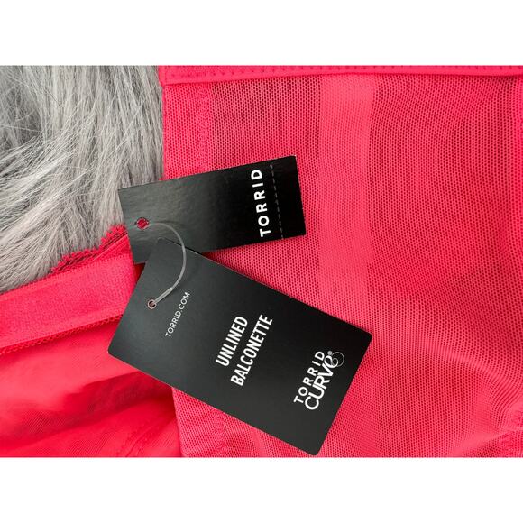 Torrid Curve Unlined Balconette Bra Size 44DD Hot Pink Lace - Picture 6 of 7